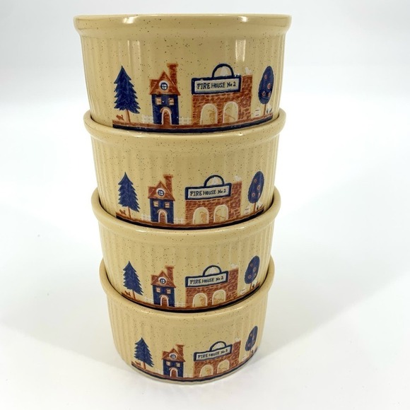 Vintage 80s Set of Four Ramekins Souffle Casserole Bowls Tan Country Village - Picture 3 of 11